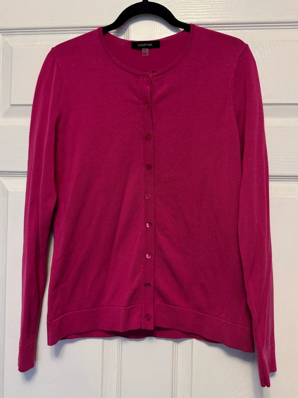 august silk fuchsia crew neck button-up cardigan